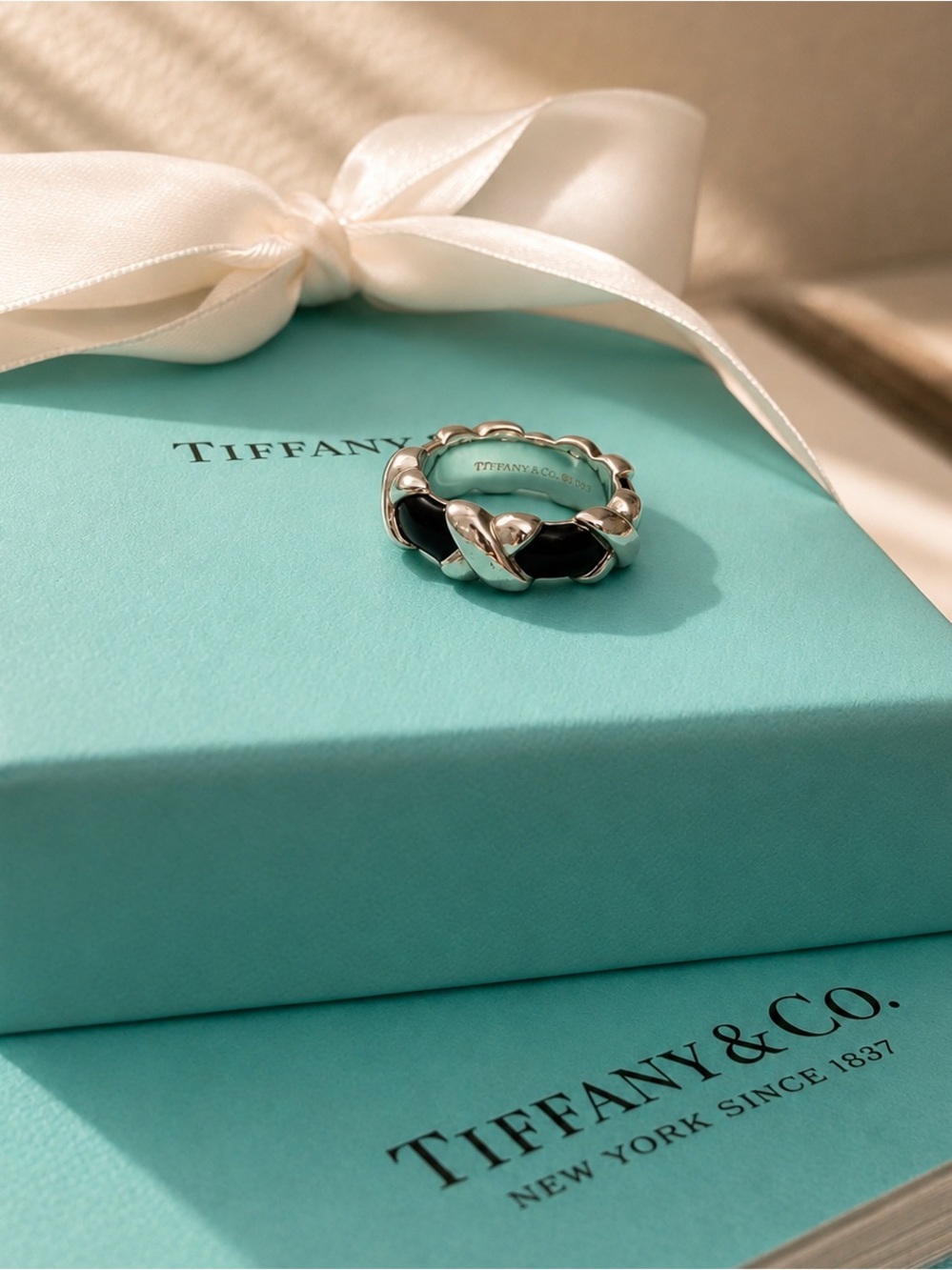 Authentic Tiffany & Co Sterling Silver and Black Enamel X Ring Size 4.5